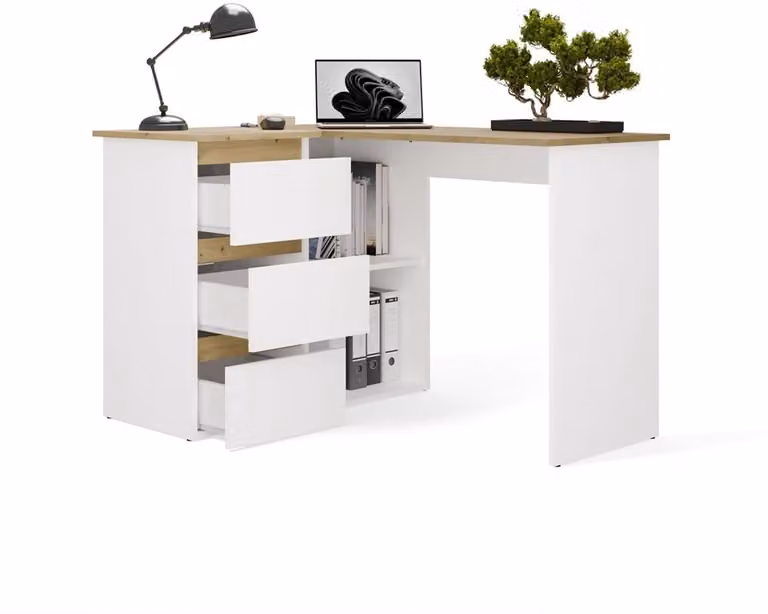 Maxy-shop Hoekbureau Nice Wit Eiken met 3 Lades Links