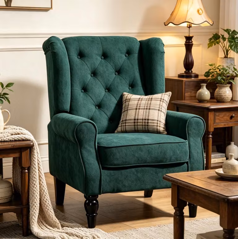 MODFU Klassieke Fauteuil met Gecapitonneerde Rugleuning en Houten Poten - Donkergroen