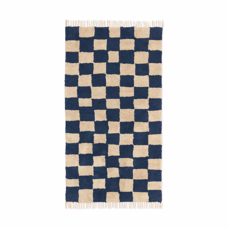 Ferm Living Mara katoenen vloerkleed met ruitpatroon Diepblauw-Warm Zand B: 80 cm, D: 150 cm