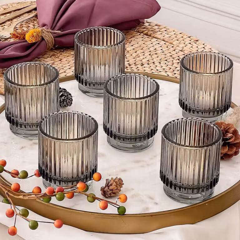 Set van 6 Vintage Geribbelde Glazen Waxinelichthouders Rookgrijs