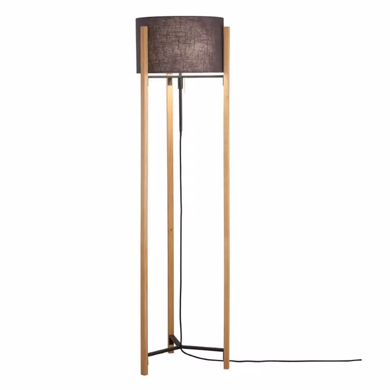 Fischer & Honsel Shine-Wood vloerlamp met zwarte stoffen kap en houten details, Hoogte: 160 cm