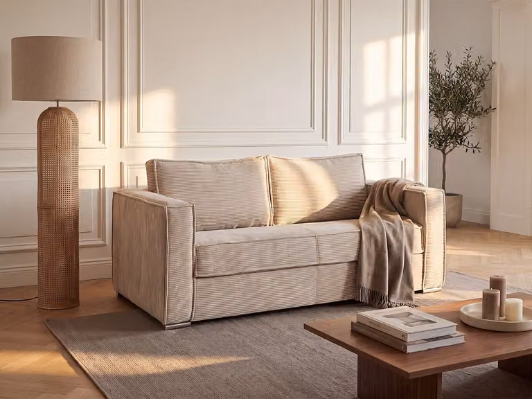 LORETO Driezitsslaapbank Express van beige ribfluweel met 140 cm bed en 22 cm traagschuim matras