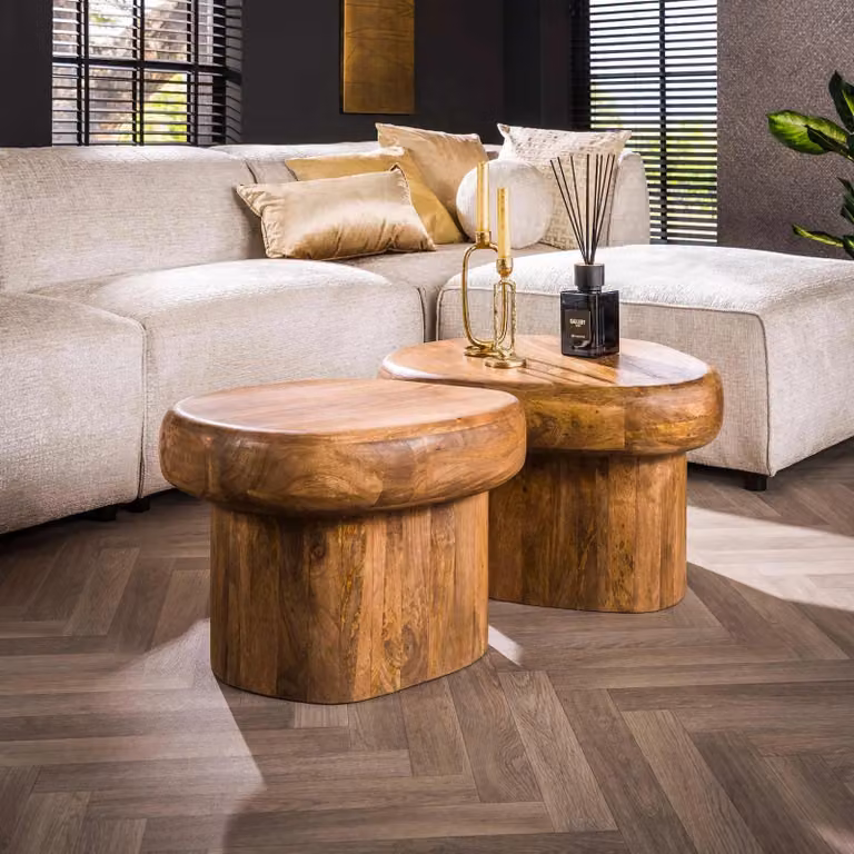 WoonStijl Salontafel Sleek set van 2, Mango hout, Bruin/Zand, B/D/H: 60 x 40 x 24 cm en 40 x 24 x 66 cm