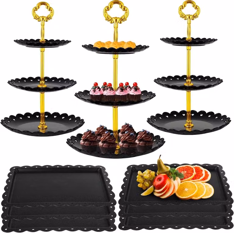 Elegante 9-delige desserttafelset met 3-laagse cupcake standaard en 6 vierkante dessertschalen