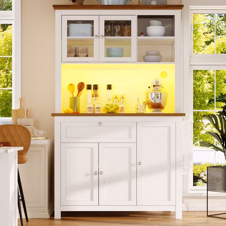 Wishdor Keukenkast - Hoge buffetkast met LED-verlichting en verstelbare planken - Wit - H x B x D: 180 x 104 x 40 cm