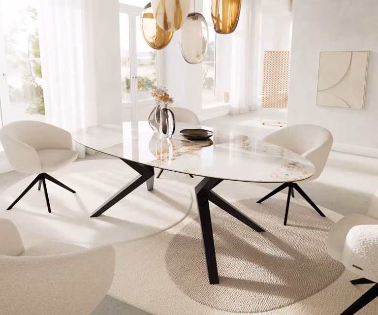 DELIFE Eetkamertafel Edge ovaal, Keramiek, Wit-Beige-Zwart, B/D/H: 220 x 120 x 76 cm