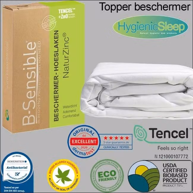 B-sensible Waterdichte matrasbeschermer van Bio Tencel voor toppers, 140 x 210 cm, tot 13 cm hoog