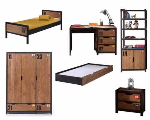 ALEX meubelcombinatie voor slaapkamer of kinderkamer met bed (90 x 200 cm), nachtkastje, bureau, kledingkast met 3 deuren en boekenkast