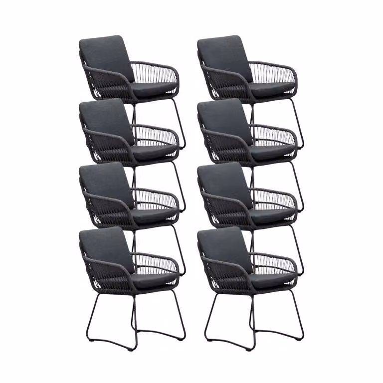 Harper dining tuinstoel set van 8 met touw en rvs in Lava Grey