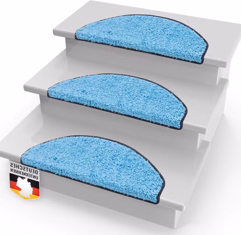 Lichtblauwe hoogpolige shaggy trapmatten voor trapbescherming, 65 x 235 cm
