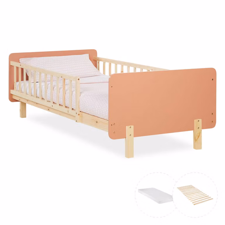 Homestyle4u Kinderbed van massief hout met matras en valbeveiliging, Rood, 90 x 200 cm