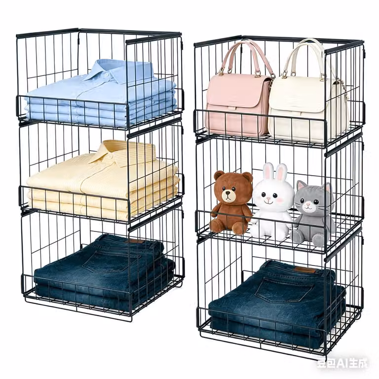 3-Pack Stapelbare Kledingkast Organizer met Uittrekbare Railen, Zwart, Ruimtebesparende Koolstofstalen Opbergbakken voor Slaapkamer, Keuken en Wasruimte