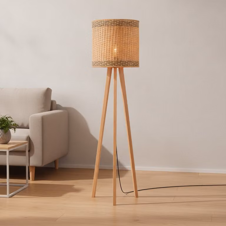Lyora Vloerlamp Plette bruin/beige van rotan en massief hout met E27 fitting, Diameter: 39 cm