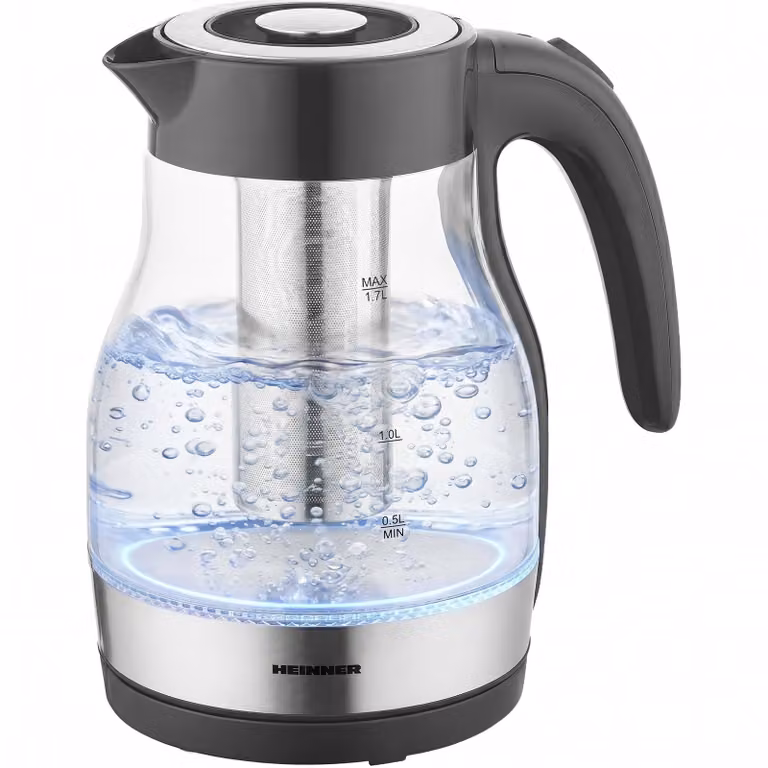 Heinner Glazen Waterkoker, 1,7 l, 2200 W, met Theefilter en Kalkfilter, Zwart