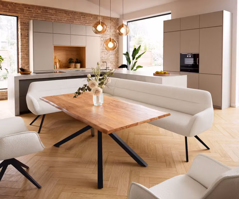 DELIFE Eetkamerbank Taya-Flex L-vormig, Bouclé, Crème-wit/Zwart, B: 282 cm x D: 190 cm