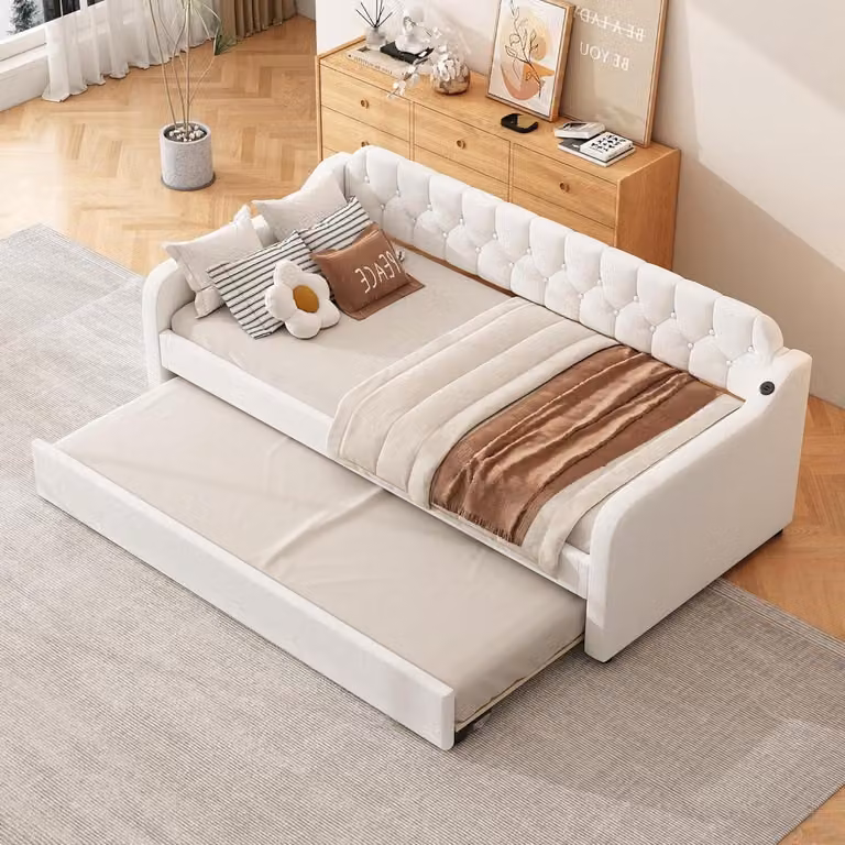 Uitschuifbaar Gastenbed met USB-poort, Beige, 90 x 200 cm