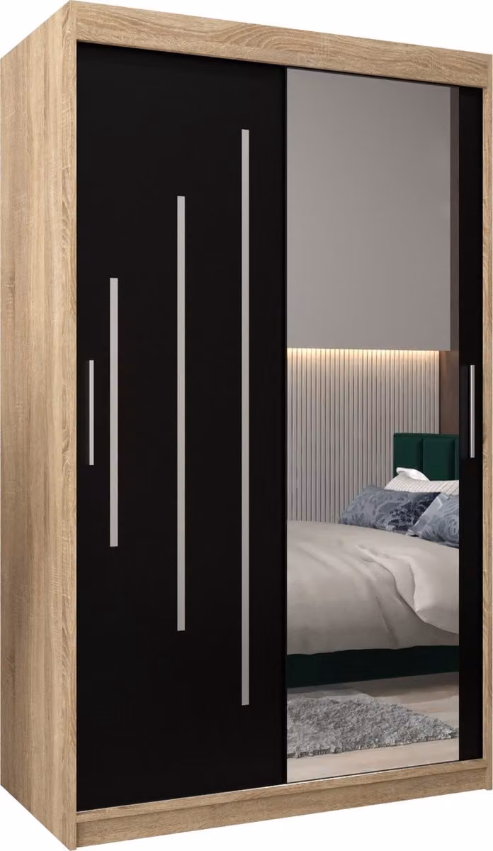 InspireMe MALTESE II Kledingkast met 2 schuifdeuren, spiegel en 2 lades, Sonoma Eik en Zwart Mat, B: 120 cm, H: 200 cm, D: 62 cm