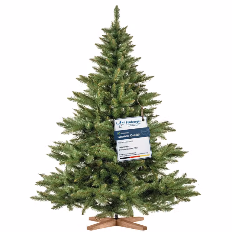 FairyTrees Kunstkerstboom Nordmann met realistische PVC-naalden en handgemaakte essenhouten standaard, 180 cm