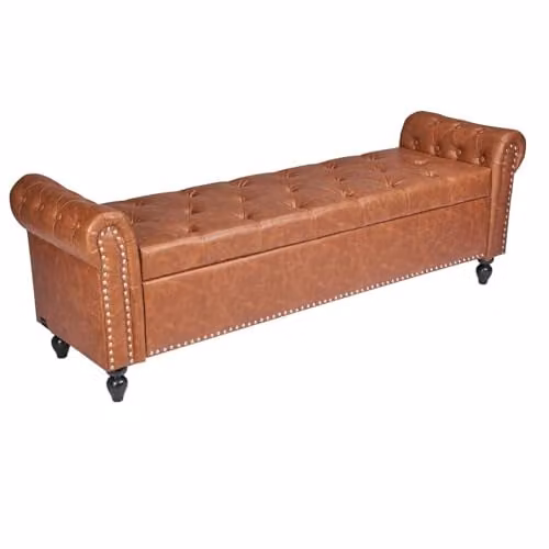 VEVOR Ottomaanse opbergbank met PU-leer en houten poten, moderne bedbank voor woonkamer, eetkamer of slaapkamer, bruin, B/D/H: 166 x 46 x 56 cm