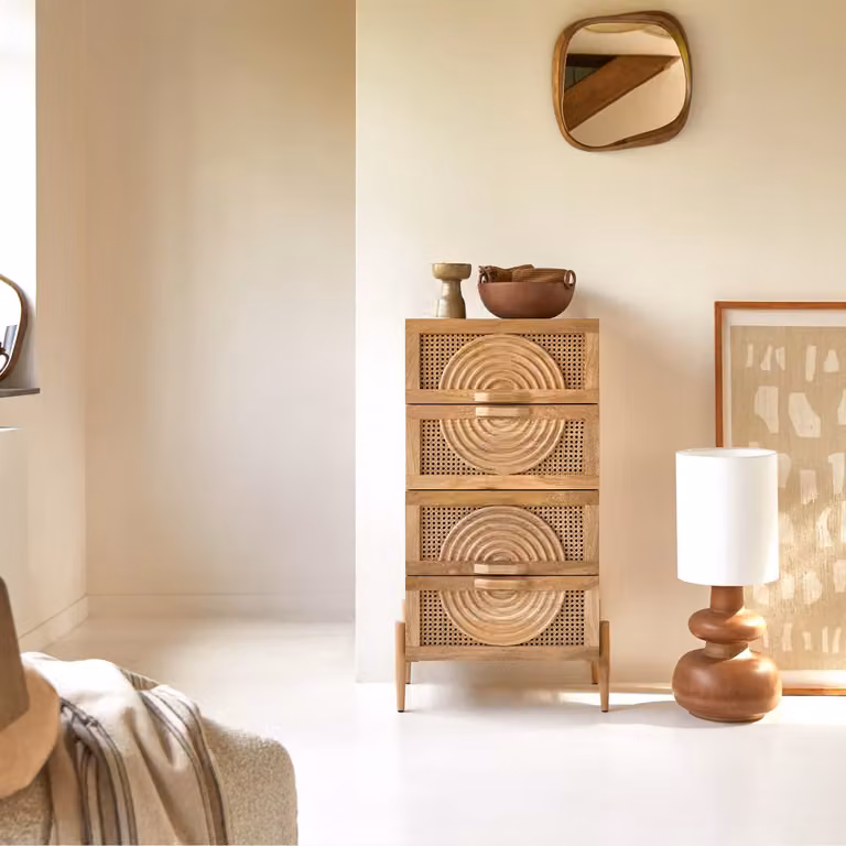 Tikamoon Sina Commode van massief mangohout en rotan - Beige - B: 110 cm, D: 40 cm, H: 76 cm