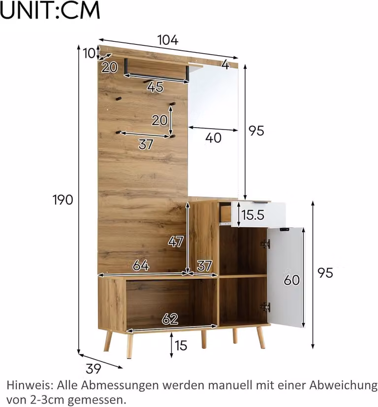 Garderobeset voor de hal met spiegel in eikenhout, B/D/H: 104 x 39 x 190 cm