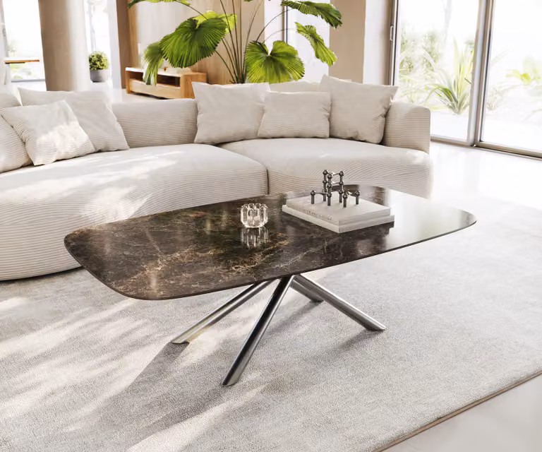 DELIFE Salontafel Edge Emperador Extra Lucidato donkerbruin met keramiek en geborsteld roestvrij staal B: 140 cm, D: 80 cm, H: 41 cm