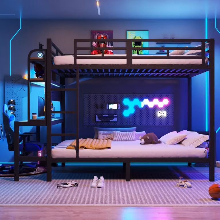 Merax Stapelbed voor kinderen met bureau, LED-verlichting en USB-poort, zwart, 140 x 200 cm