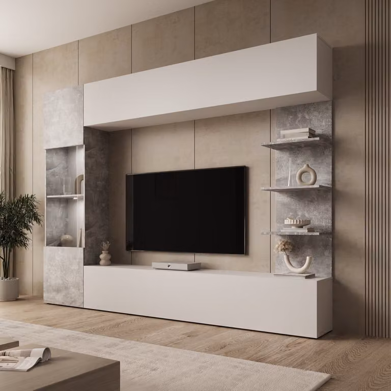 Meubella Lomezzo Wandmeubel Wit/Betonlook B: 250 cm, D: 30 cm, H: 187 cm