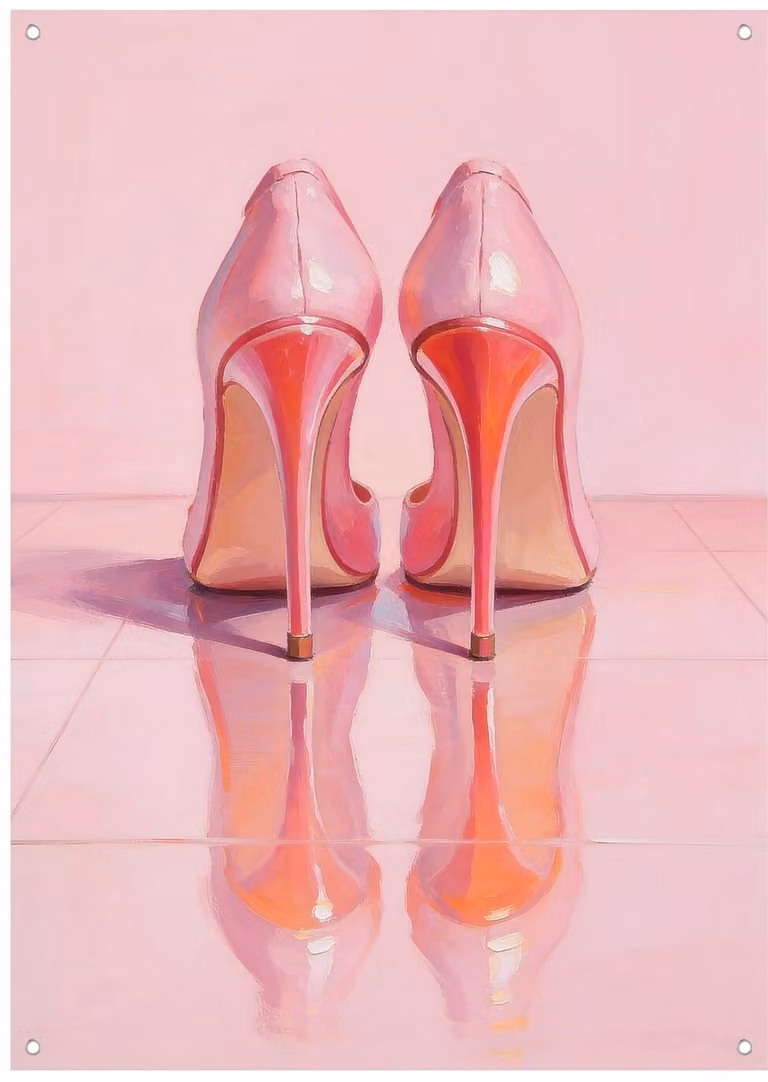 Tuinposter Roze Stiletto's Spiegeling op Tegelvloer - 50 x 70 cm