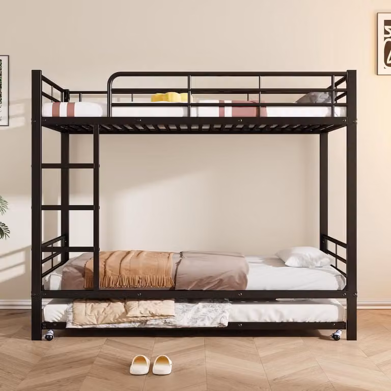 Zwart stapelbed met uittrekbed voor drie personen, metalen kinderbed, B/D/H: 90 x 200 cm & 90 x 190 cm
