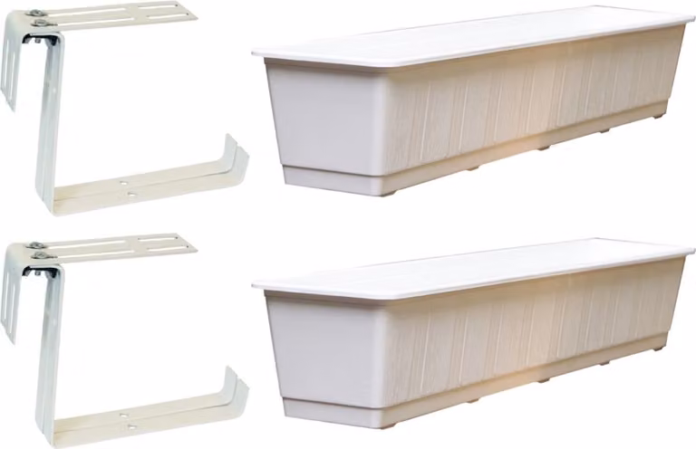 Set van 3 witte rechthoekige kunststof plantenbakken van 80 cm inclusief 6 verstelbare railingbeugels