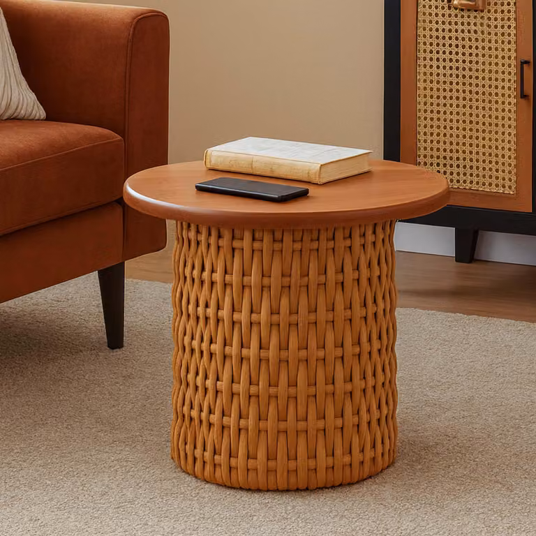 Mendler Bijzettafel HWC-P15 van mahoniehout en riet, ronde tafel, diameter: 44 cm