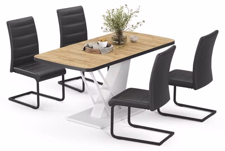 Vicco Fenaro Eettafelset met 4 zwarte eetkamerstoelen, Goudkleurig Eiken/Wit, B/D/H: 120 x 80 x 76 cm