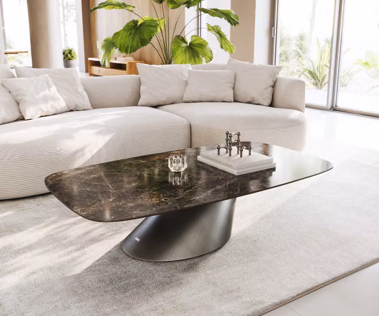 DELIFE Salontafel Edge bootvorm in keramiek Emperador Extra Lucidato donkerbruin en metallic zilver, B/D/H: 140 x 80 x 33 cm