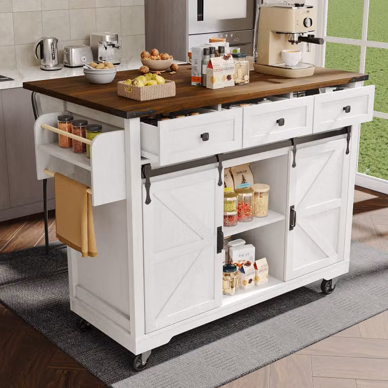 Aosom Keukentrolley met klapbaar tafelblad en zwenkwielen, beige