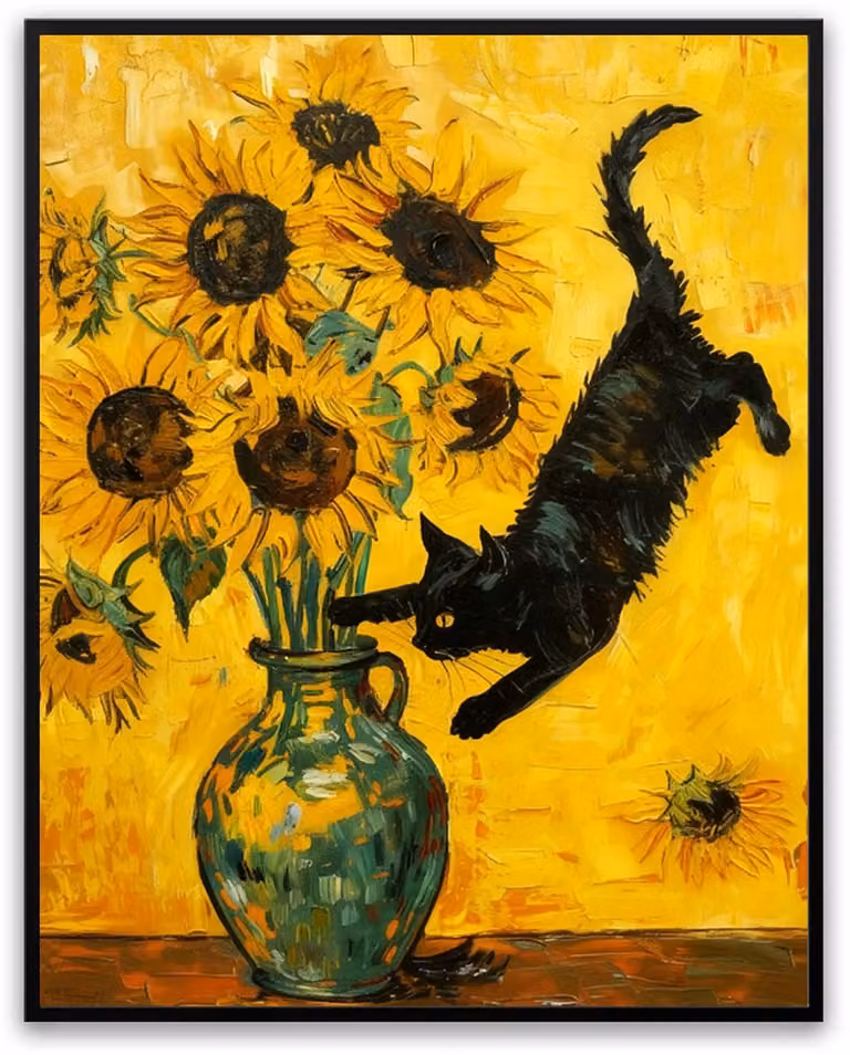 Fotolijst met Zonnebloemen van Gogh en Kat - Schilderij - 40 x 50 cm