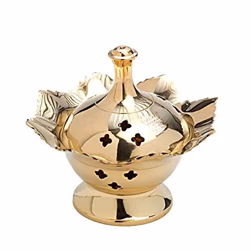 NKlaus Wierookbrander Racuh Vat met Bladpatroon, Messing, Goud, Diameter: 11,5 cm, Hoogte: 10,0 cm
