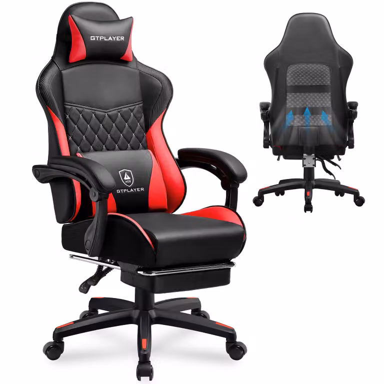 GTPLAYER Ergonomische Gaming Stoel met Dubbele Rugleuning en Voetsteun, In hoogte verstelbare Bureaustoel