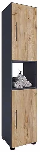 VCM Flandu Hoge badkamerkast met deuren en open schappen, Eiken antraciet/grijs/bruin, B: 31 cm, D: 30 cm, H: 160 cm