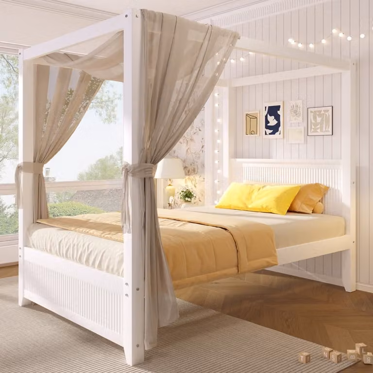 Pugsdrly Houten Hemelbed met Decoratief Dakframe en Verticale Lamellen, Wit, 90 x 200 cm