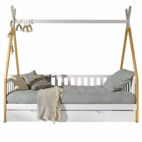 Vipack Tipi kinderbed met omranding, dakstangen, verstelbare lattenbodem en lade, massief grenenhout, naturel en wit, 90 x 200 cm