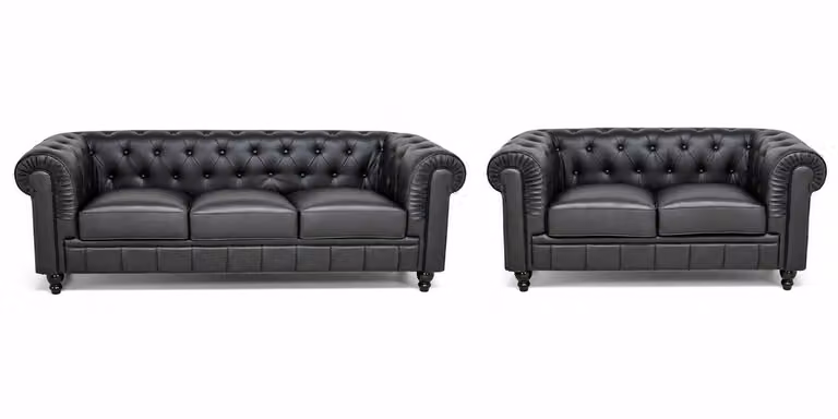 Chesterfield Banken Set van 2 en 3 Zits in Zwart Leder voor de Woonkamer