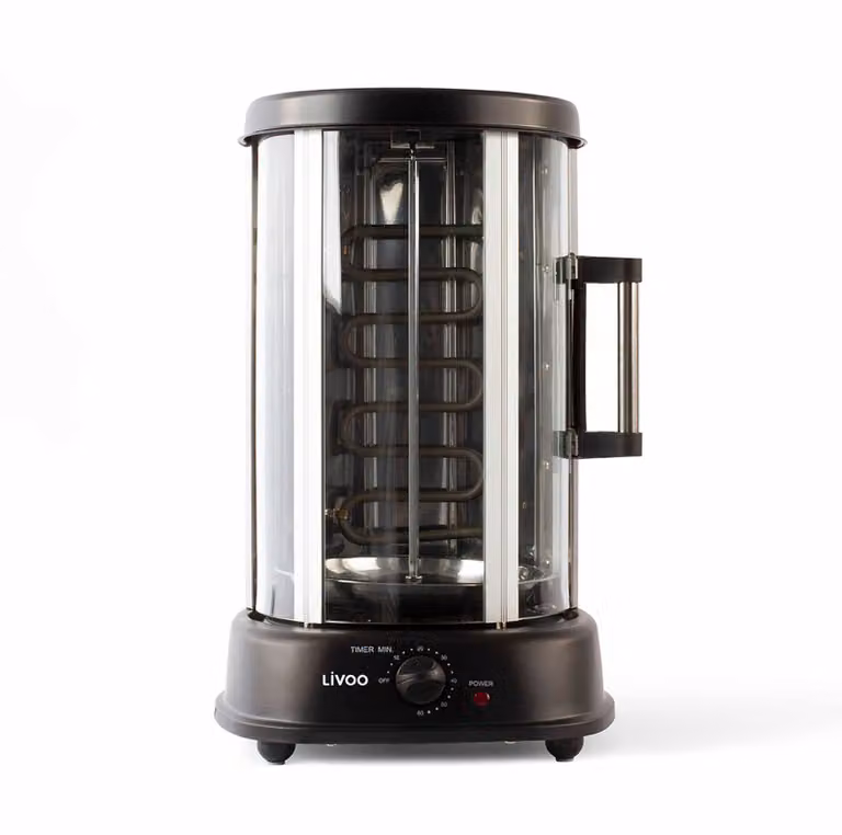 LIVOO DOM323 Verticale elektrische grill met 1500W, 360 graden rotatie, timer, 1 centrale spit en 10 skewers van 23 cm, geschikt voor tot 2,5 kg