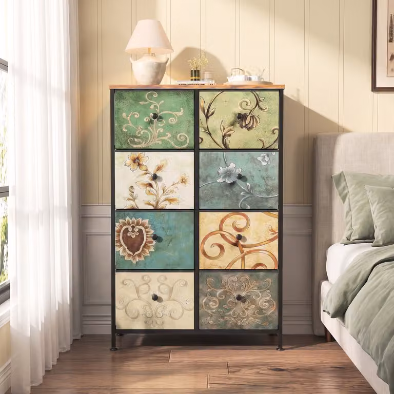 Industriële ladekast met acht stoffen lades en houten blad in vintage stijl voor de woonkamer, slaapkamer of kinderkamer