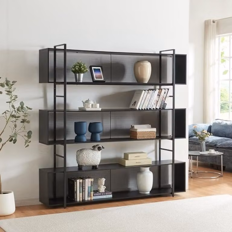 Grote staande open boekenkast van zwart metaal voor in de woonkamer of home office, 180 x 180 cm