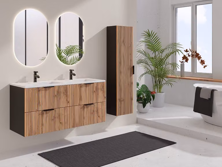 MADELA Geribbeld badkamermeubel met inbouwwastafel en kolomkast, Licht naturel en zwart, Breedte: 120 cm, Diepte: 46,5 cm, Hoogte: 72 cm