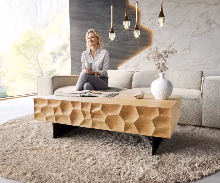 DELIFE Salontafel Solu met 4 lades, Natuur Eiken en Zwart Metaal, B/D/H: 120 x 70 x 40 cm