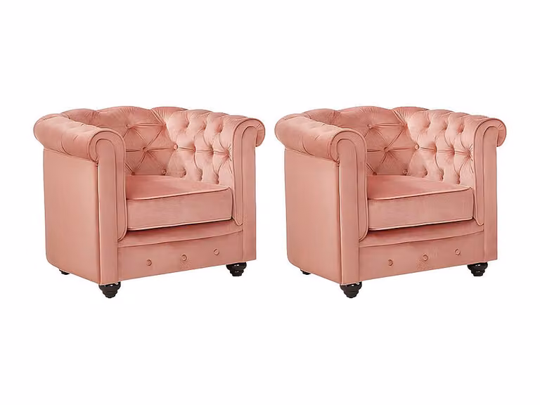 Set van 2 Vente-unique Chesterfield fauteuils in pastelroze velours