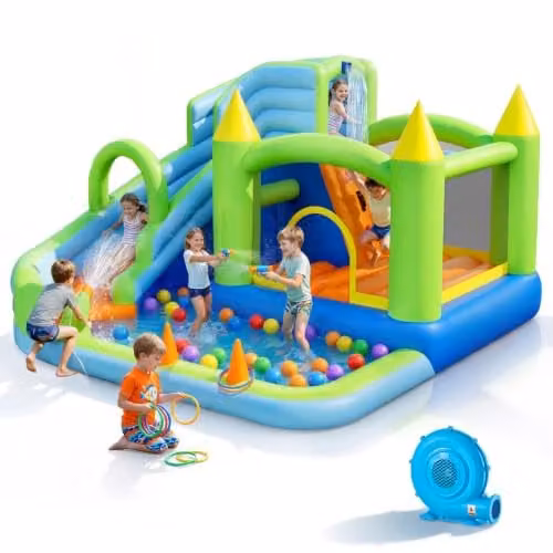 VEVOR Opblaasbaar waterspringkasteel met waterglijbaan en basketbalkorf, multicolore, B/D/H: 344 x 374 x 213 cm