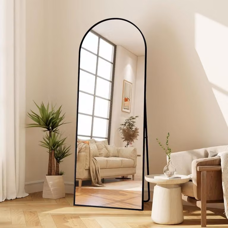Boog lichaamsspiegel met zwart metalen frame, grote vloerspiegel en wandspiegel, zwart, H 164 x B 54 cm